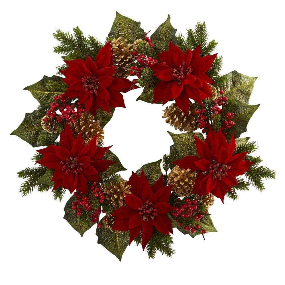 24in. Artificial Unlit Artificial Holiday Wreath With Poinsettia, Berry And Golden Pine Cone 3 24in. Artificial Unlit Artificial Holiday Wreath With Poinsettia, Berry And Golden Pine Cone