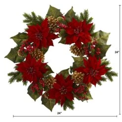 24in. Artificial Unlit Artificial Holiday Wreath With Poinsettia, Berry And Golden Pine Cone 8 24in. Artificial Unlit Artificial Holiday Wreath With Poinsettia, Berry And Golden Pine Cone -Christmas Decor Shop nearly natural christmas wreaths 4269 e1 1000