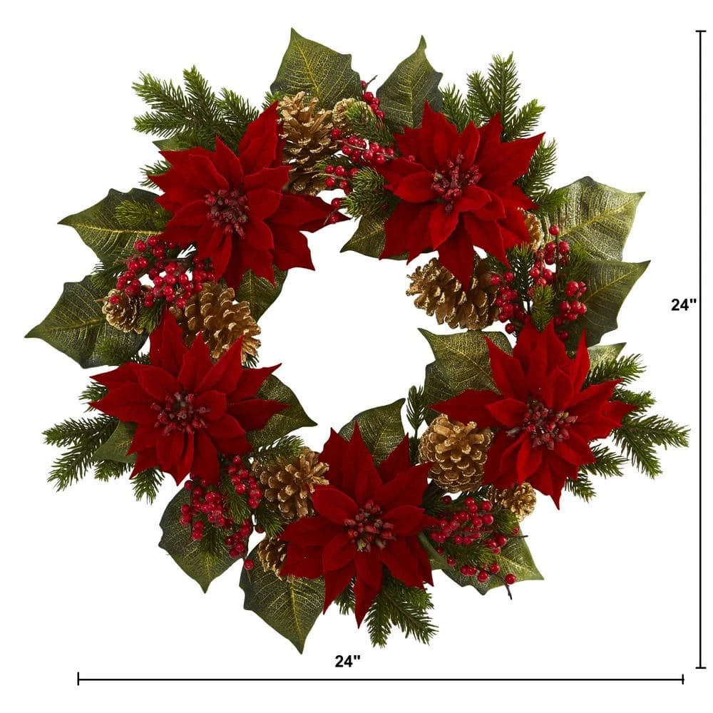 24in. Artificial Unlit Artificial Holiday Wreath With Poinsettia, Berry And Golden Pine Cone 4 24in. Artificial Unlit Artificial Holiday Wreath With Poinsettia, Berry And Golden Pine Cone - Image 2
