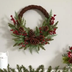 22in. Mixed Pine And Cedar With Berries And Pine Cones Artificial Wreath -Christmas Decor Shop nearly natural christmas wreaths 4360 1f 1000