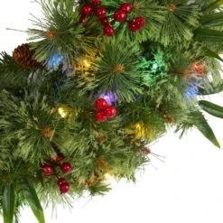 24 In. Green Pre-Lit LED Mixed Pine Artificial Christmas Wreath With 50 Multi-Colored Lights Berries And Pine Cones -Christmas Decor Shop nearly natural christmas wreaths 4454 4f 1000