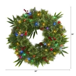 24 In. Green Pre-Lit LED Mixed Pine Artificial Christmas Wreath With 50 Multi-Colored Lights Berries And Pine Cones -Christmas Decor Shop nearly natural christmas wreaths 4454 c3 1000
