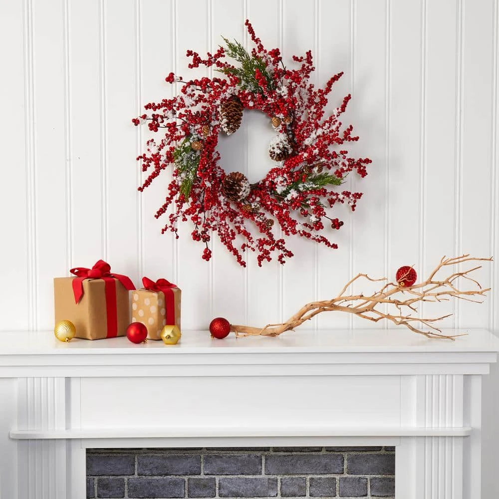24 In. Frosted Cypress Artificial Wreath With Berries And Pine Cones 5 24 In. Frosted Cypress Artificial Wreath With Berries And Pine Cones - Image 3