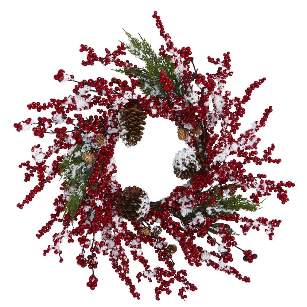 24 In. Frosted Cypress Artificial Wreath With Berries And Pine Cones 3 24 In. Frosted Cypress Artificial Wreath With Berries And Pine Cones
