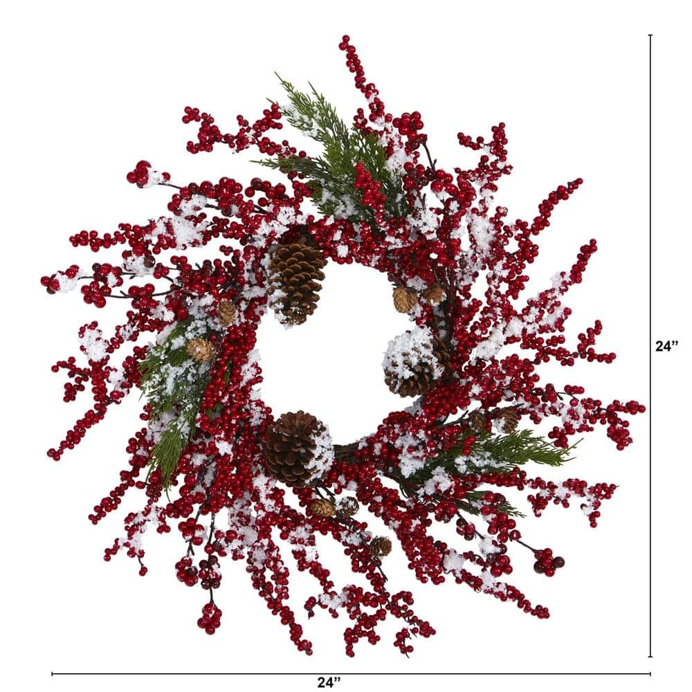24 In. Frosted Cypress Artificial Wreath With Berries And Pine Cones 4 24 In. Frosted Cypress Artificial Wreath With Berries And Pine Cones - Image 2