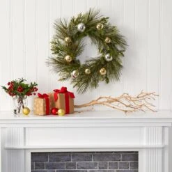 26 In. Sparkling Pine Artificial Wreath With Decorative Ornaments -Christmas Decor Shop nearly natural christmas wreaths 4619 31 1000