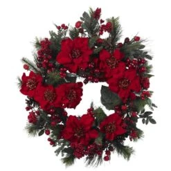 24in. Artificial Poinsettia Wreath -Christmas Decor Shop nearly natural christmas wreaths 4660 40 1000