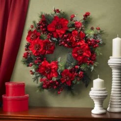 24in. Artificial Poinsettia Wreath -Christmas Decor Shop nearly natural christmas wreaths 4660 e1 1000