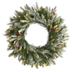 24 In. Pre-Lit Snowed Artificial Christmas Wreath With 50 Warm White LED Lights And Pine Cones