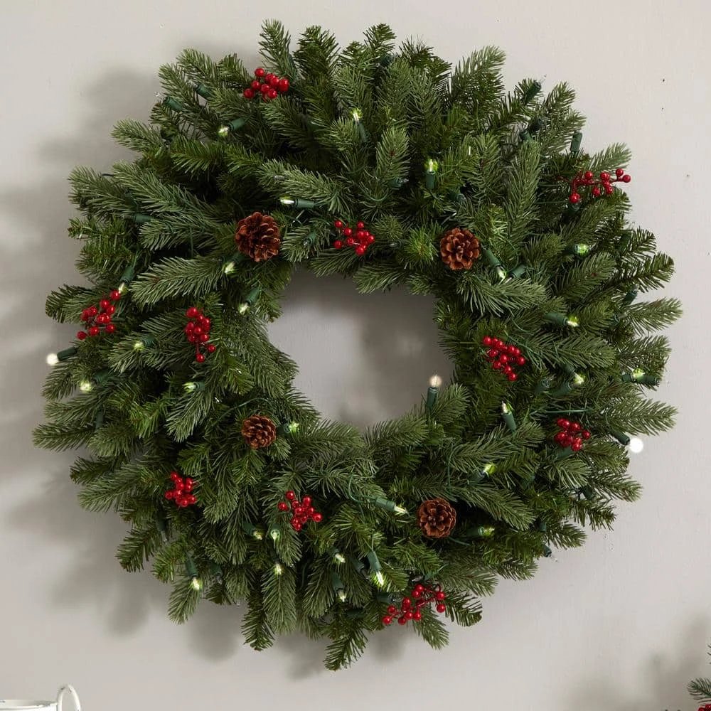 30 In. Lighted Pine Artificial Wreath With Berries And Pine Cones 7 30 In. Lighted Pine Artificial Wreath With Berries And Pine Cones - Image 5