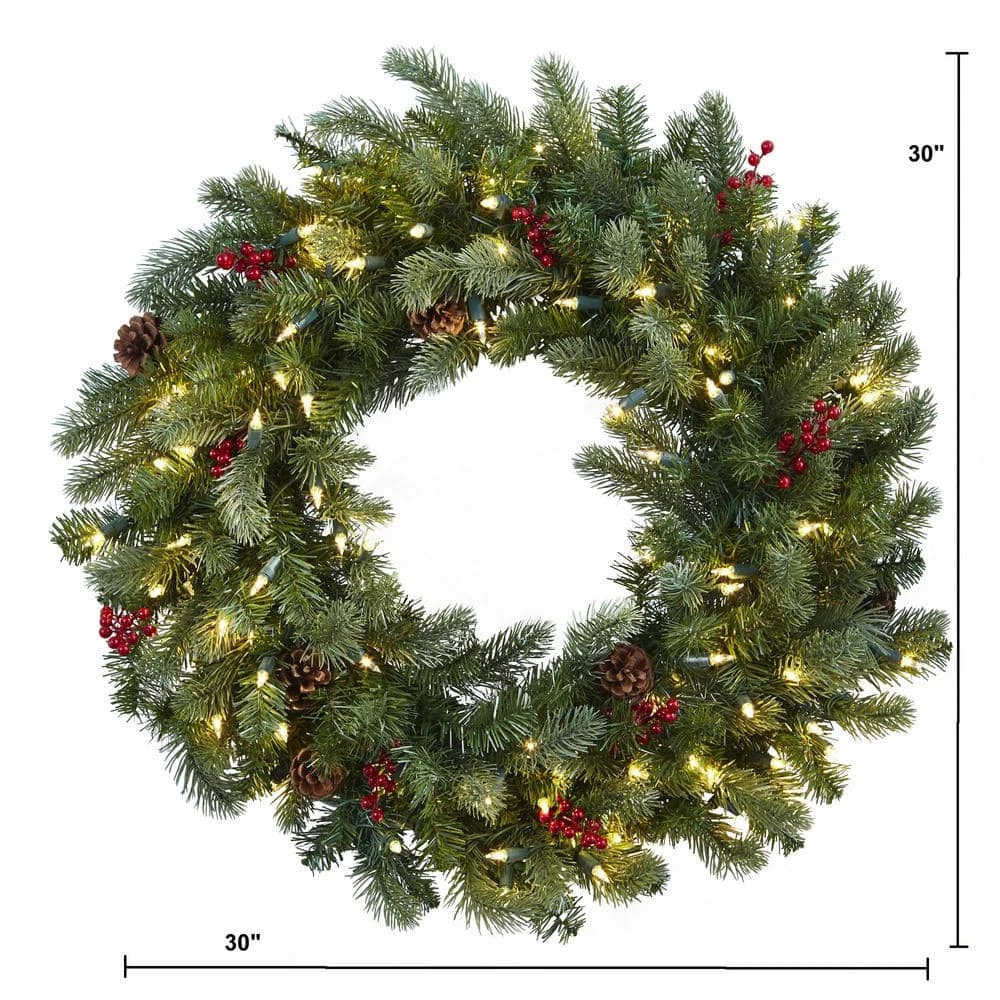 30 In. Lighted Pine Artificial Wreath With Berries And Pine Cones 6 30 In. Lighted Pine Artificial Wreath With Berries And Pine Cones - Image 4