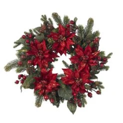 24 In. Artificial Wreath With Poinsettias And Berries