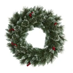 24 In. Pre-Lit Frosted Swiss Pine Artificial Wreath With 35 Clear LED Lights And Berries -Christmas Decor Shop nearly natural christmas wreaths w1113 4f 1000
