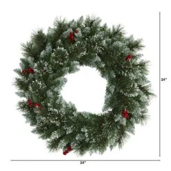 24 In. Pre-Lit Frosted Swiss Pine Artificial Wreath With 35 Clear LED Lights And Berries -Christmas Decor Shop nearly natural christmas wreaths w1113 c3 1000
