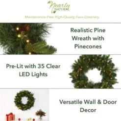 24 In. Pre-Lit Mixed Pine Artificial Christmas Wreath With 35 Clear LED Lights And Pinecones -Christmas Decor Shop nearly natural christmas wreaths w1114 40 1000