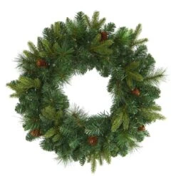 24 In. Pre-Lit Mixed Pine Artificial Christmas Wreath With 35 Clear LED Lights And Pinecones -Christmas Decor Shop nearly natural christmas wreaths w1114 4f 1000