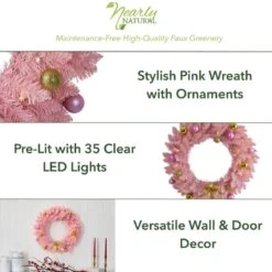 24 In. Pink Pre-Lit Artificial Christmas Wreath With 35 LED Lights And Ornaments -Christmas Decor Shop nearly natural christmas wreaths w1119 e1 1000