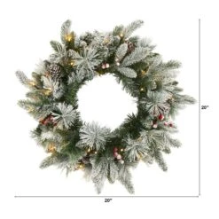 20 In. Pre-Lit Flocked Mixed Pine Artificial Christmas Wreath With 50 LED Lights, Pine Cones And Berries -Christmas Decor Shop nearly natural christmas wreaths w1129 c3 1000