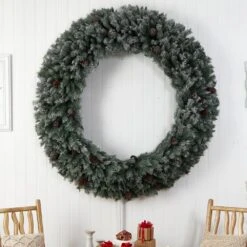 72 In. Pre-Lit LED Giant Flocked Artificial Christmas Wreath With Pinecones, 600 Clear LED Lights -Christmas Decor Shop nearly natural christmas wreaths w1282 1f 1000
