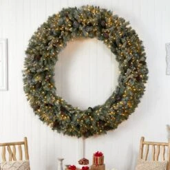72 In. Pre-Lit LED Giant Flocked Artificial Christmas Wreath With Pinecones, 600 Clear LED Lights -Christmas Decor Shop nearly natural christmas wreaths w1282 31 1000