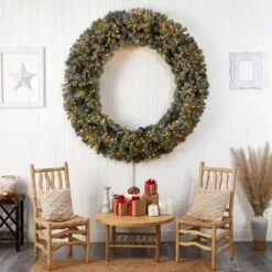 72 In. Pre-Lit LED Giant Flocked Artificial Christmas Wreath With Pinecones, 600 Clear LED Lights -Christmas Decor Shop nearly natural christmas wreaths w1282 e1 1000