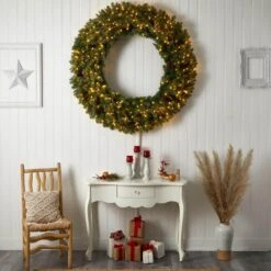 60 In. Prelit LED Flocked Artificial Christmas Wreath With Pinecones, 300 Clear LED Lights -Christmas Decor Shop nearly natural christmas wreaths w1284 44 1000