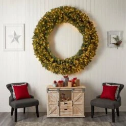 72 In. Prelit LED Giant Flocked Artificial Christmas Wreath With Pinecones, 400 Clear LED Lights -Christmas Decor Shop nearly natural christmas wreaths w1285 44 1000