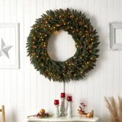 48 In. Prelit LED Large Flocked Artificial Christmas Wreath With Pinecones, Berries, 150 Clear LED Lights -Christmas Decor Shop nearly natural christmas wreaths w1286 31 1000