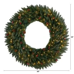 48 In. Prelit LED Large Flocked Artificial Christmas Wreath With Pinecones, Berries, 150 Clear LED Lights -Christmas Decor Shop nearly natural christmas wreaths w1286 c3 1000