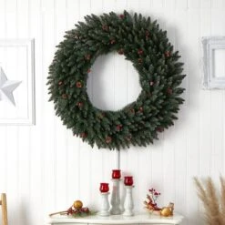48 In. Prelit LED Large Flocked Artificial Christmas Wreath With Pinecones, Berries, 150 Clear LED Lights -Christmas Decor Shop nearly natural christmas wreaths w1286 fa 1000
