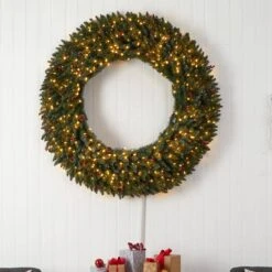 60 In. Prelit LED Large Flocked Artificial Christmas Wreath With Pinecones, Berries, 400 Clear LED Lights -Christmas Decor Shop nearly natural christmas wreaths w1287 31 1000