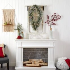 36 In. Prelit LED Geometric Diamond Frosted Artificial Christmas Wreath With Pinecones And 50 Warm White LED Lights -Christmas Decor Shop nearly natural christmas wreaths w1293 76 1000