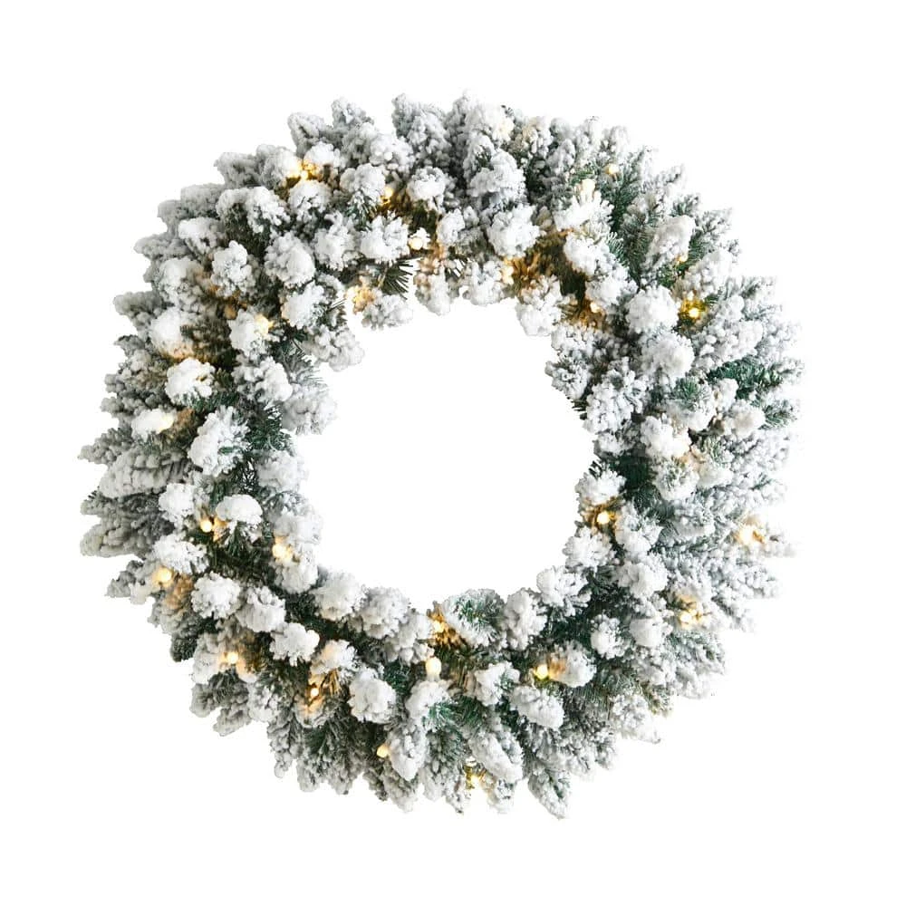 24 In. Prelit LED Flocked Artificial Christmas Wreath With 160 Bendable Branches And 35 Warm White LED Lights 3 24 In. Prelit LED Flocked Artificial Christmas Wreath With 160 Bendable Branches And 35 Warm White LED Lights