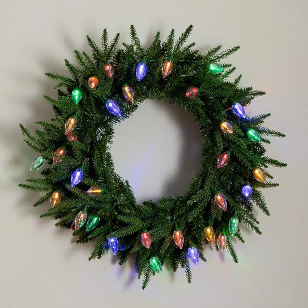 24 In. Pre-Lit Luxembourg Pine Artificial Christmas Wreath With 35-Multicolored Traditional Bulb LED Lights 14 24 In. Pre-Lit Luxembourg Pine Artificial Christmas Wreath With 35-Multicolored Traditional Bulb LED Lights - Image 12
