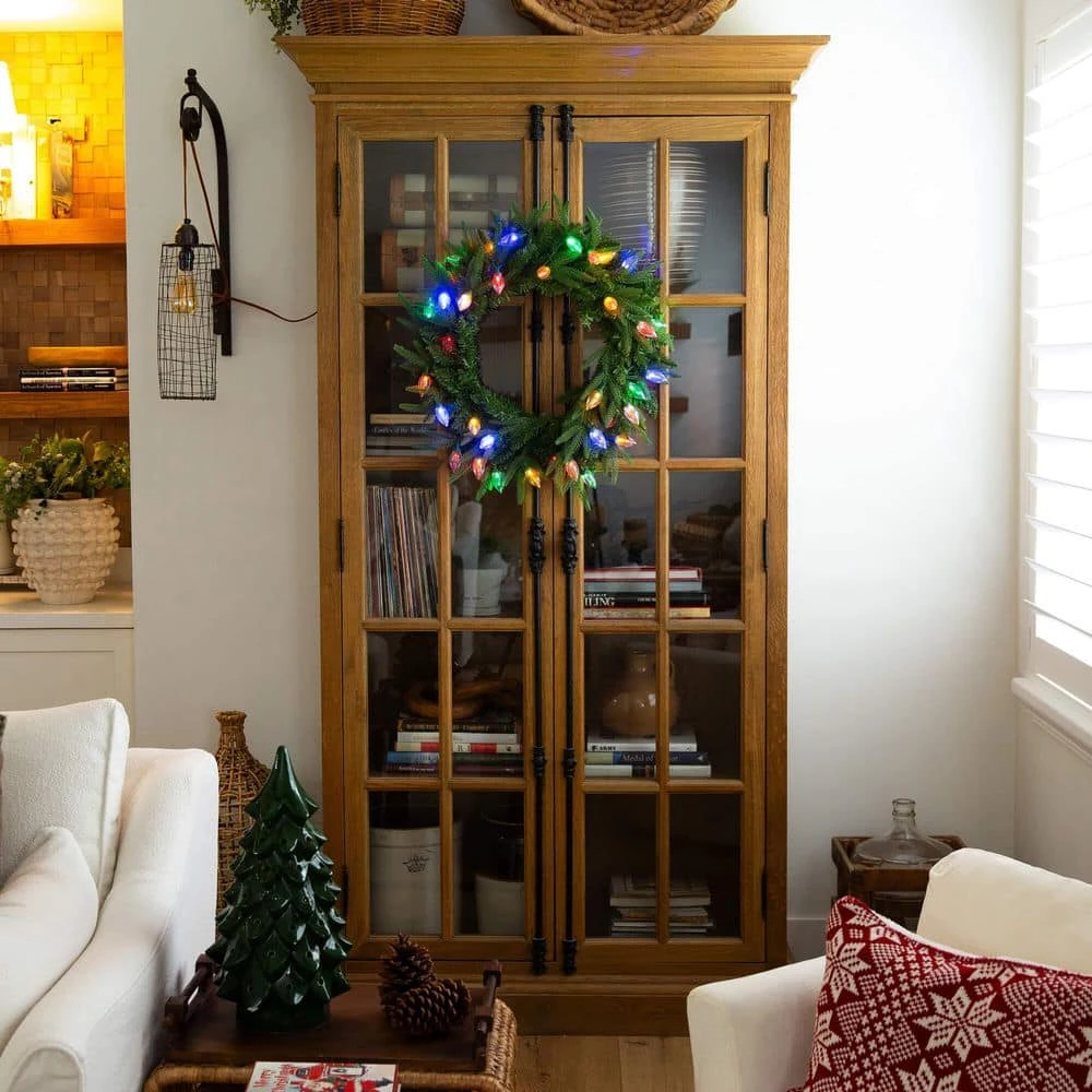 24 In. Pre-Lit Luxembourg Pine Artificial Christmas Wreath With 35-Multicolored Traditional Bulb LED Lights 4 24 In. Pre-Lit Luxembourg Pine Artificial Christmas Wreath With 35-Multicolored Traditional Bulb LED Lights - Image 2