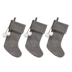 20 In. Gray Cable Knit Christmas Stocking With Faux Fur Pom Poms 3-pack