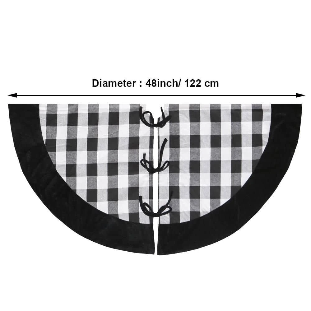 48 In. Black And White Buffalo Plaid Christmas Tree Skirt With Black Velvet Cuff 5 48 In. Black And White Buffalo Plaid Christmas Tree Skirt With Black Velvet Cuff - Image 3
