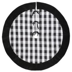 48 In. Black And White Buffalo Plaid Christmas Tree Skirt With Black Velvet Cuff
