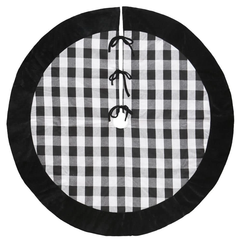 48 In. Black And White Buffalo Plaid Christmas Tree Skirt With Black Velvet Cuff 3 48 In. Black And White Buffalo Plaid Christmas Tree Skirt With Black Velvet Cuff