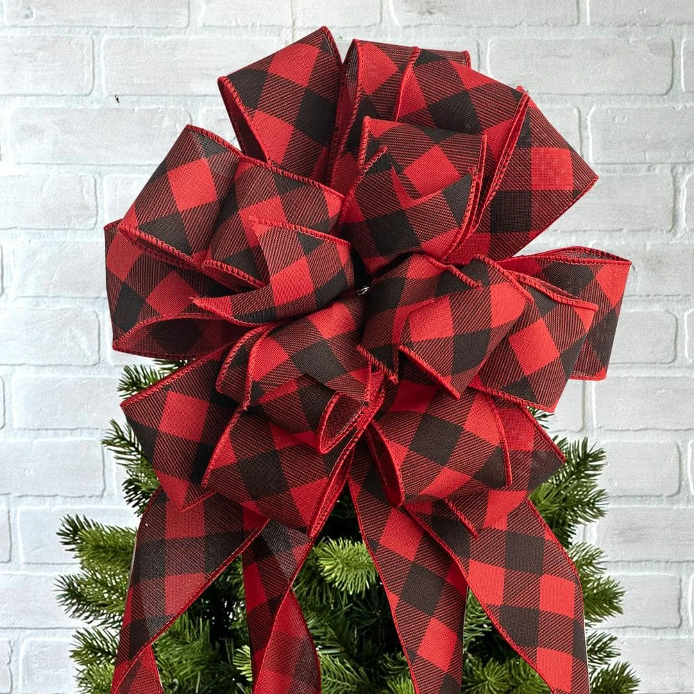 Christmas Tree Topper Bow And 12 Mini Bows Red And Black Buffalo Check Plaid Ribbon 4 Christmas Tree Topper Bow And 12 Mini Bows Red And Black Buffalo Check Plaid Ribbon - Image 2