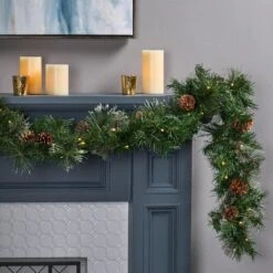 9 Ft. Cashmere Pine Battery Operated Pre-Lit LED Artificial Christmas Garland With Snowy Branches And Pinecones -Christmas Decor Shop noble house christmas garland 54838 76 1000