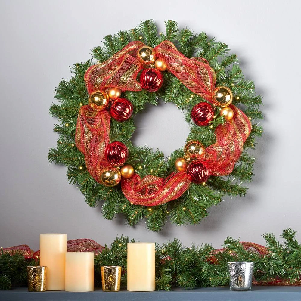 24 In. Pre-Lit LED Artificial Christmas Wreath With Gold And Red Ornaments 10 24 In. Pre-Lit LED Artificial Christmas Wreath With Gold And Red Ornaments - Image 8