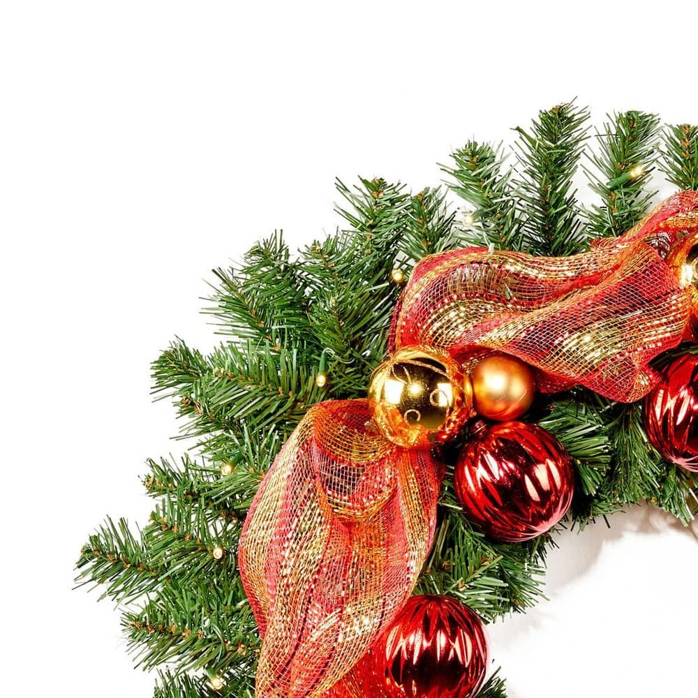24 In. Pre-Lit LED Artificial Christmas Wreath With Gold And Red Ornaments 7 24 In. Pre-Lit LED Artificial Christmas Wreath With Gold And Red Ornaments - Image 5