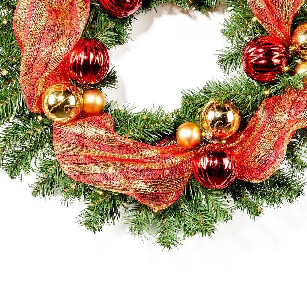 24 In. Pre-Lit LED Artificial Christmas Wreath With Gold And Red Ornaments 9 24 In. Pre-Lit LED Artificial Christmas Wreath With Gold And Red Ornaments - Image 7