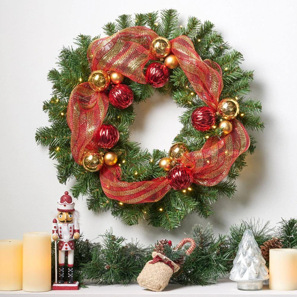 24 In. Pre-Lit LED Artificial Christmas Wreath With Gold And Red Ornaments 4 24 In. Pre-Lit LED Artificial Christmas Wreath With Gold And Red Ornaments - Image 2