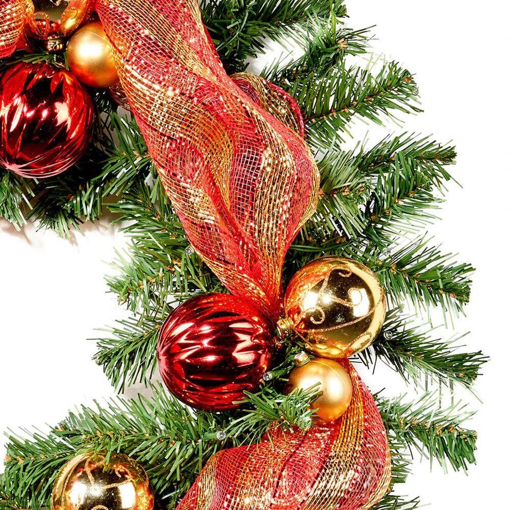 24 In. Pre-Lit LED Artificial Christmas Wreath With Gold And Red Ornaments 8 24 In. Pre-Lit LED Artificial Christmas Wreath With Gold And Red Ornaments - Image 6