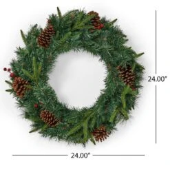 24 In. Green Battery Operated Pre-Lit Warm White LED Mixed Pine Artificial Christmas Wreath With Pine Cones And Berries -Christmas Decor Shop noble house christmas wreaths 83581 1f 1000