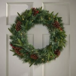 24 In. Green Battery Operated Pre-Lit Warm White LED Mixed Pine Artificial Christmas Wreath With Pine Cones And Berries -Christmas Decor Shop noble house christmas wreaths 83581 44 1000