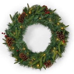 24 In. Green Battery Operated Pre-Lit Warm White LED Mixed Pine Artificial Christmas Wreath With Pine Cones And Berries