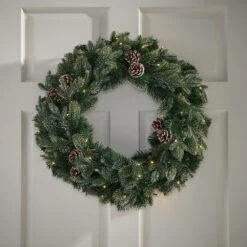 24 In. Green Battery Operated Pre-Lit Warm White LED Mixed Spruce Artificial Christmas Wreath With Pine Cones -Christmas Decor Shop noble house christmas wreaths 83822 44 1000